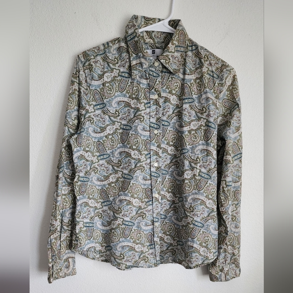 Gap Women's Button-Up Shirt Paisley Green Blue Brown Long Sleeve Sz M